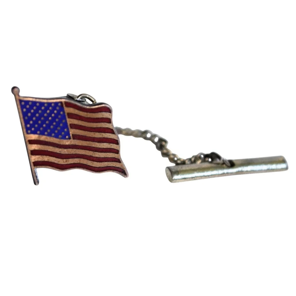 Vintage USA American Flag Tie Tack Pin with Chain T-Bar Patriotic Men's Jewelry